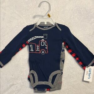 Carter's Navy and Red Fire Truck Set 2 Long Sleeve Bodysuits and 1 Pants
